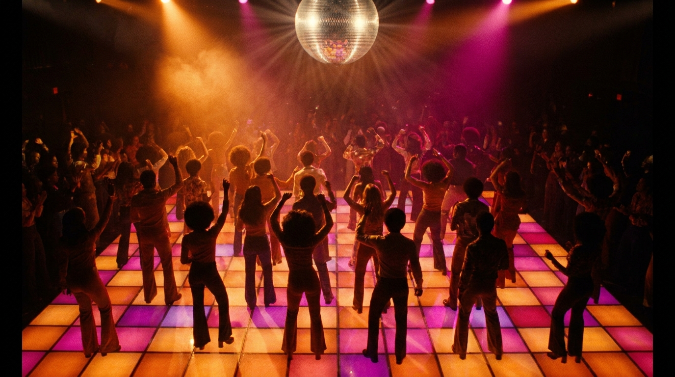 Piste de danse illuminee d'une discotheque des annees 70 sous une boule a facettes