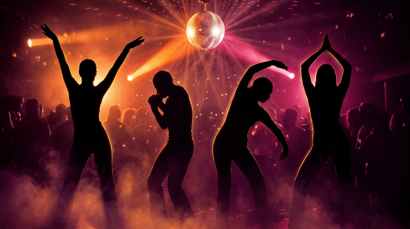 Quatre danseurs en silhouette formant les lettres Y, M, C et A sous une boule à facettes